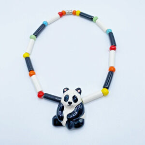 Vintage Flying Colors Necklace Panda Bear Ceramic Collectible Kitsch 1980s 15.5"